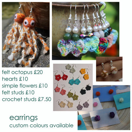 images of different earrings ranges - orange felt octopus £20 - hearts in various colours £10 - simple flowers in various colours £10 - felt dangle studs with line details £10 - crochet studs in various colours £7.50