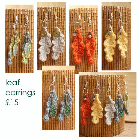 leaf earrings £15 - made from wool and upcycled charms - mixed green and blue - grey - orange - yellow - blue and group shot