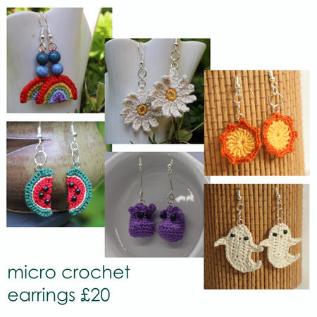 images of micro crochet earrings £20 - rainbow with upcycled beads - white daisies - yellow and orange sunbursts - watermelons - purple hippos - white ghosts