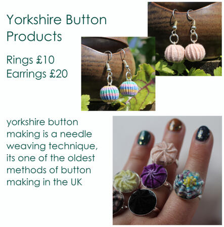 yorkshire button products - rings £10 - earrings £20 - yorkshire button making is a needle weaving technique. its one of the oldest methods of button making in the UK. images of two pairs of earrings one light pink one pastel rainbow and various rings on o