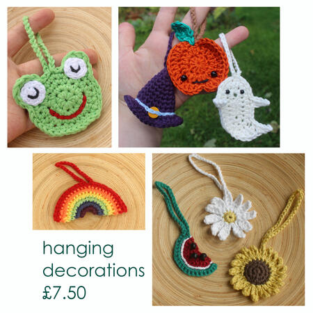 various images of hanging decorations made from cotton - all £7.50 - green frogs - halloween decs, purple witch hat, orange pumpkin, white ghost - rainbow - spring designs, watermelon, white daisy, yellow sunflower