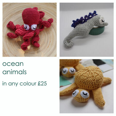 crochet ocean animals - 3 images - red octopus - purple and grey seahorse - yellow turtle - any colour £25