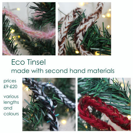 eco tinsel made with second hand materials - prices £9-£20 - various lengths and colours - images show pink, bronze, purple and red tinsels