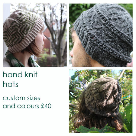 hand knit hats - custom sizes and colours - £40 - images show my 3 most popular designs - mosaic spiral design in green and white - criss cross design in grey - ripple design in brown