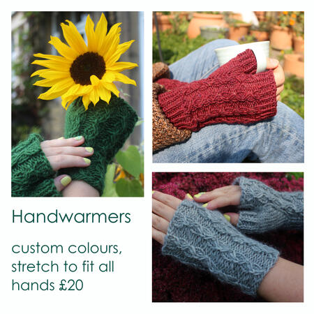 handwarmers - custom colours, stretch to fit all hand sizes - £20 - images show dark green, russet red and grey - all with cable design