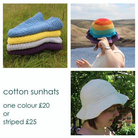 cotton crochet sunhats - one colour £20 - striped £25 - images show a pile of sunhats in blue, yellow, grey and purple, and a rainbow sunhat and a white sunhat