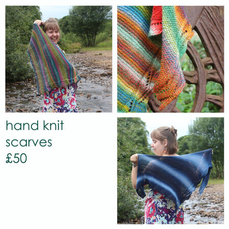 hand knit scarves £50 - triangle scarves in variegated colours making stripes - each one is unique