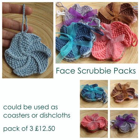 face scrubbie packs - pack of 3 £12.50 - could be used as coasters or dishcloths - come in 4 colours, blue, pink, purple and brown